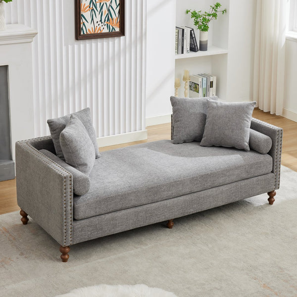 English Elm 75.2'' Chenille Upholstered Daybed Chaise with Nailhead Trim and Rubberwood Legs Gray W3188S00058