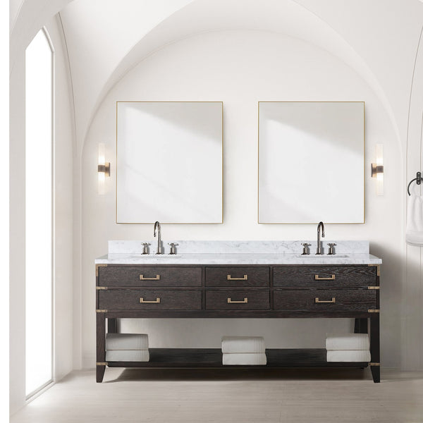 English Elm Brown Oak Double Bath Vanity 80" W x 22" D — Solid Wood Frame, Soft-Close Drawers, Open Shelf Storage and Fully Assembled Elegance B2731P260328
