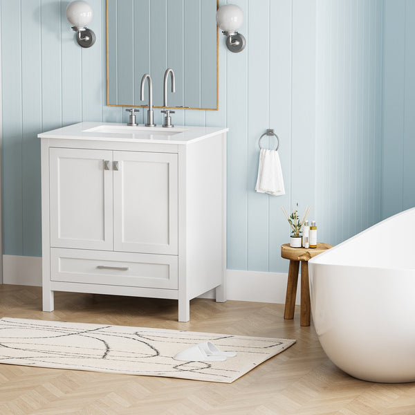 English Elm 30" Freestanding Grey Vanity Solid Wood Cabinet Carrara Marble Top Ceramic Sink W1573P237851