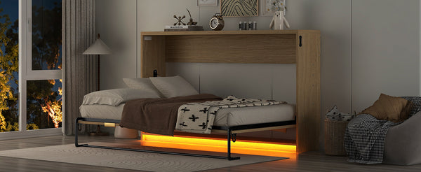 English Elm Twin Murphy Bed XL Cabinet with LED Light, Gray Finish, Space-Saving Foldaway Design, 800lb Capacity N709P002050N