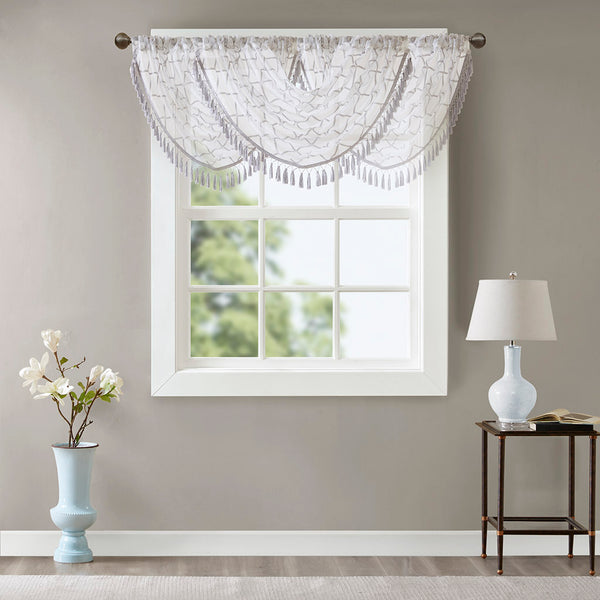 JLA Home Madison Park - Diamond Sheer Valance with Embroidered Diamond Motif, Tassel Trim, Waterfall Drape for Soft Light White/Grey MP41-4945
