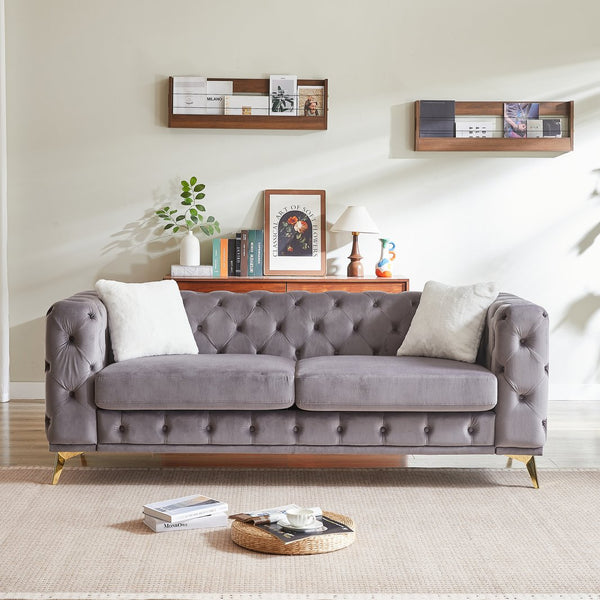 English Elm FX Velvet Chesterfield Sofa 82.5" Deluxe Tufted Design with 2 Pillows, Metal Legs, 750lb Capacity Grey W1926S00071