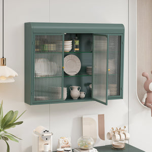 English Elm 3 Door Arched Wall Mounted Glass Cabinet with Wide Top Narrow Bottom Design for Stylish Storage and Display Dark Green W757P221504