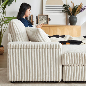 English Elm 84Inch Corduroy sofa with deep seats, 3 back pillows, 2 toss pillows, ottomans, cup grooves, storage Beige W834S00357