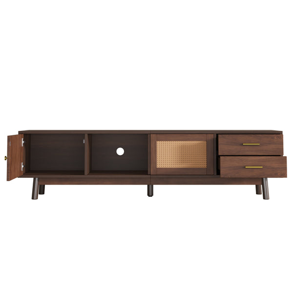 English Elm Mid Century Modern TV Stand with Rattan Sliding Doors, Solid Wood Legs, Drawers & Waterproof Top N710P257617P