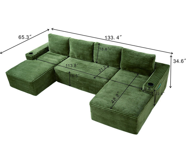 English Elm Compressible Corduroy U-shaped Sectional Cloud Sofa Modular Living Room Couch Green W5515S00029