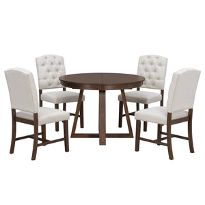 English Elm Trexm Retro 5 Piece Extendable Round Dining Set with Button Tufted Upholstered Chairs Walnut ST000094AAD-2026