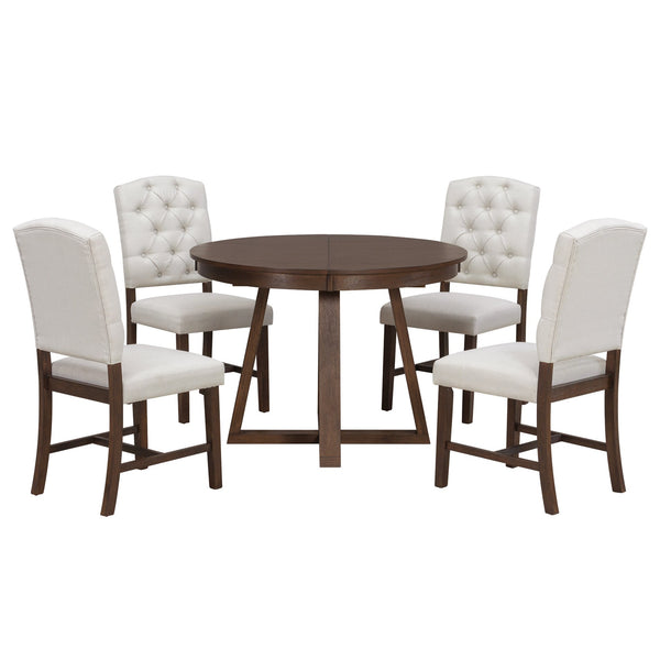 English Elm Trexm Retro 5 Piece Extendable Round Dining Set with Button Tufted Upholstered Chairs Walnut ST000094AAD-2026
