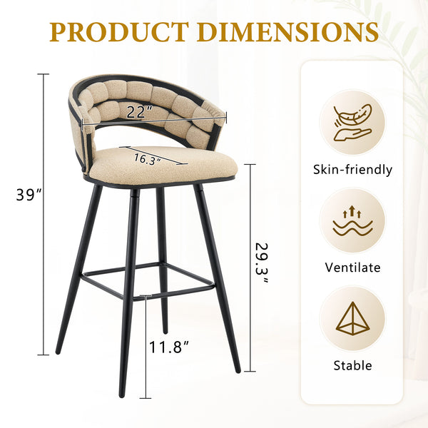 English Elm Set of 2 Chenille Upholstered Counter Stools with Iron Legs for Kitchen Islands Beige,Black W3875P370851