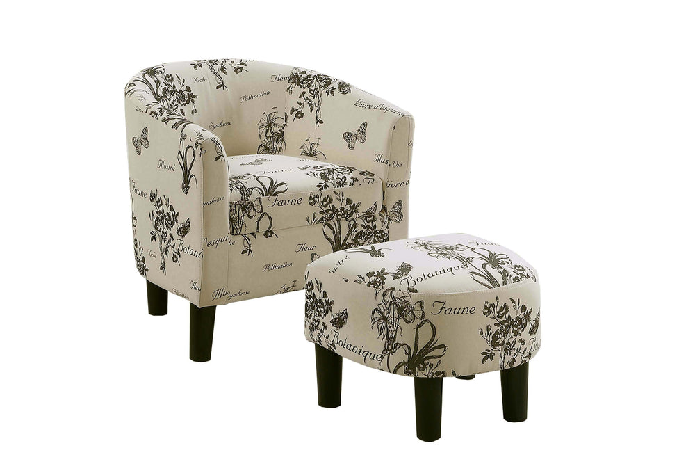 English Elm Vintage Vintage-Design Accent Chair with Ottoman, Script & Botanical Fabric, Curved Barrel Back, Compact Comfort B011P369869