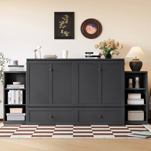 English Elm Queen Murphy Wall Bed with Open Shelves and Drawers for Guest or Office Rooms Dark Gray W5316S00009