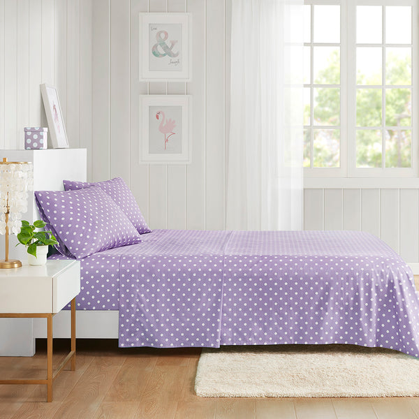 JLA Home Mi Zone - Printed Cotton Sheet Set for Kids with Cheerful Polka Dots, OEKO‑TEX Certified, Breathable Percale Comfort Purple MZ20-418