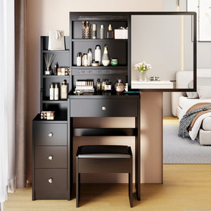 English Elm 29.2" Small Space Bedside Vanity Table with Cushioned Stool, Sliding Right Mirror, Multi-Layer Storage Organizing Dresser Black W936P176298