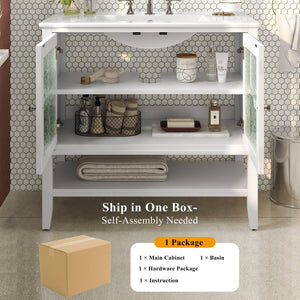 English Elm Christopher Knight Home® - 36" Bathroom Vanity with Ceramic Sink, Solid Wood Legs, Waterproof Finish, Soft-Close Hinges, Open Shelf, Silver Knobs White N817P286249W