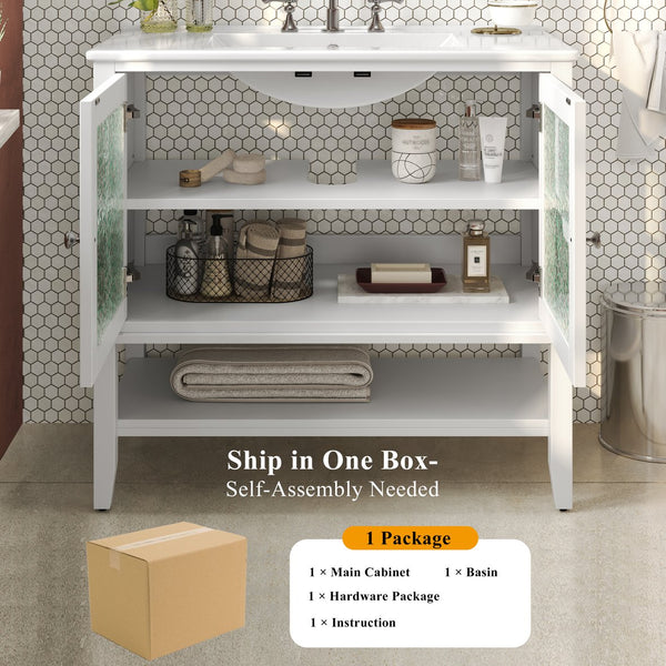 English Elm Christopher Knight Home® - 36" Bathroom Vanity with Ceramic Sink, Solid Wood Legs, Waterproof Finish, Soft-Close Hinges, Open Shelf, Silver Knobs White N817P286249W