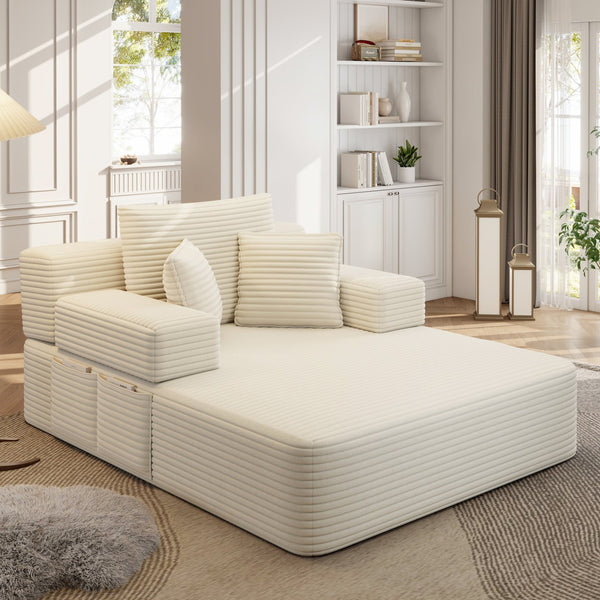 English Elm Luxurious Corduroy Convertible Chaise Lounge Sofa Bed with Foam Support for Apartments Beige W3219P449012
