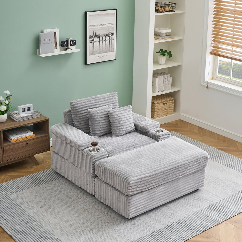 English Elm This Corduroy Single Seat Armchair with Storage Ottoman and Built-in Cup Holders Gray W1278S00077