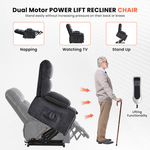 English Elm Dual Motor Large Power Lift Recliner Chair with Waist Kneading & Heat, Extended Footrest, USB Ports Grey W1521S00072