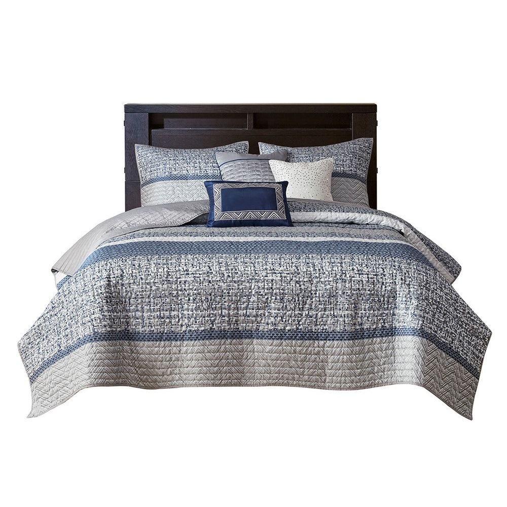 English Elm 6 Piece Reversible Jacquard Quilt Set Navy Grey Striped Chic King/Cal King with 3 Embroidered Pillows B03597590