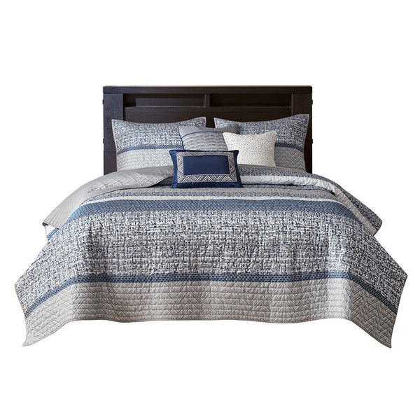 English Elm 6 Piece Reversible Jacquard Quilt Set Navy Grey Striped Chic King/Cal King with 3 Embroidered Pillows B03597590