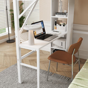 English Elm Ful Full-over-Twin Metal Bunk Bed with Desk, Bookshelves, LED Lighting & USB Charging Station, White W2580S00041