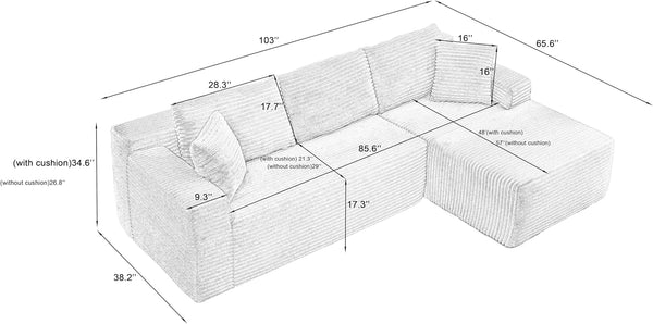 English Elm L-shaped Modular Cloud Sectional Corduroy Sofa Deep Seat Sleeper for Living Room W2339S00119