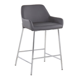 English Elm Daniella Contemporary Counter Stool Set Of 2 In Chrome Metal & Grey Faux Leather For Modern Spaces B202S00051