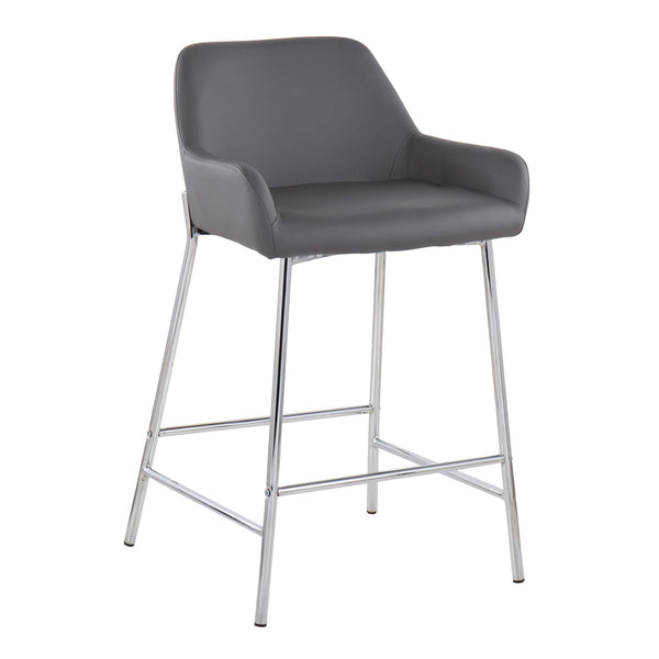 English Elm Daniella Contemporary Counter Stool Set Of 2 In Chrome Metal & Grey Faux Leather For Modern Spaces B202S00051