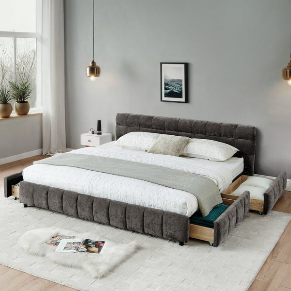 English Elm California King Upholstered Bed Frame - Plush Chenille, Modern Storage Design With Headboard, Dark Gray W487P311315