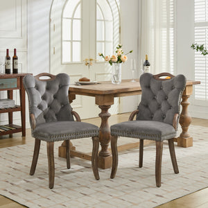 English Elm Velvet Hand-Tufted Dining Chair with Solid Wood Handles and Curved Legs, Vintage Copper Accents Gray W1143P338141