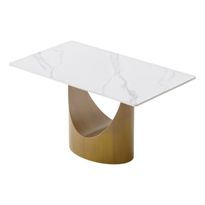 English Elm 55.12 Modern Sintered Stone Dining Table with Bronze Iron Legs, Rectangular Seat for 6, 400lb Capacity Antique Brass,White W1535S00554