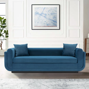 English Elm Edmonda 91" Velvet Sofa with Black Metal Base, Pine Frame, High-Density Foam & 2 Pillows, Commercial Grade Sapphire Blue B365P398109