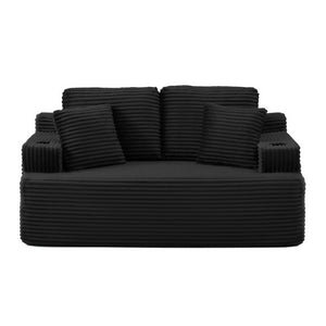 English Elm Boneless Floor Sofa Corduroy Upholstered 5 Seat Low Profile with Cup Holders for Living Room Black W1117S00435