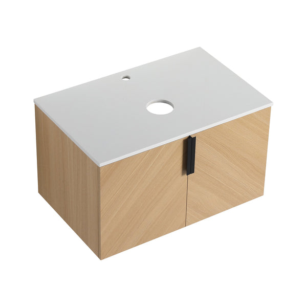 English Elm 30" Wall-Mounted Vanity with Artificial Stone Top, Oak Finish, Soft-Close Doors, Metal Handles, KD-pack W999P373489