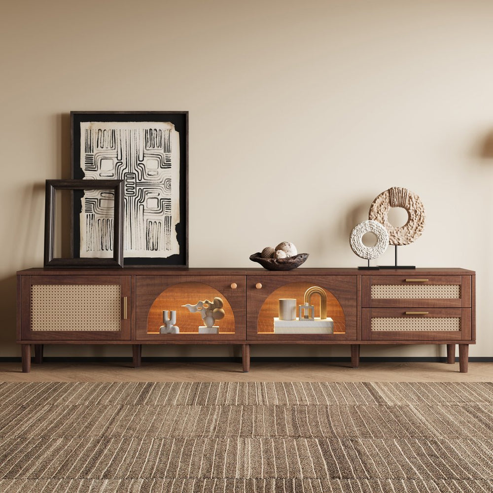 English Elm 86 Inch Rattan Media Console with Led Lighting Two Drawers Modern Living Room Tv Stand N710P438977P