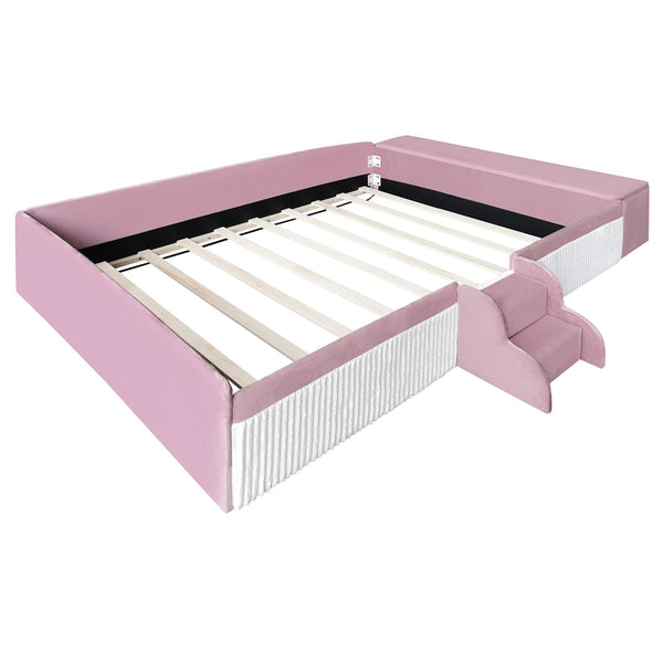 English Elm Full Size Kids Velvet Platform Daybed with Storage Ottoman Staircase Padded Rails Pink+White SF000202AAH