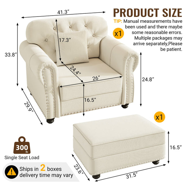 English Elm 41.3"upholstered Velvet Chesterfield Sofa Button Tufted with Nailhead Trim Reading Nook Beige+White W1885S00373