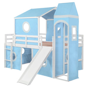 English Elm Full Size Castle Loft Bed with Slide Pink Tent Tower Pinewood Kids Play Frame LT000771AAC-1