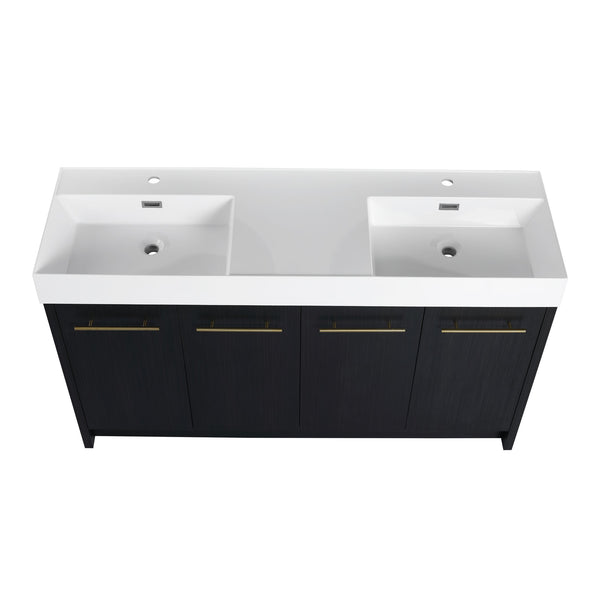 English Elm 60 Inch Freestanding Bathroom Vanity With Resin Double Sink & Soft-Close Doors For Modern Spaces W999S00181