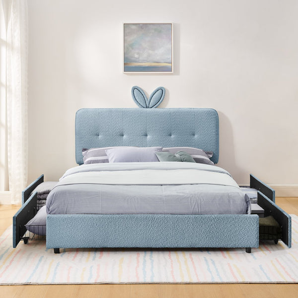 English Elm Queen Boucle Upholstered Kids Bed with Rabbit Ear Headboard Led Lighting Storage Drawers Navy W1413P384928