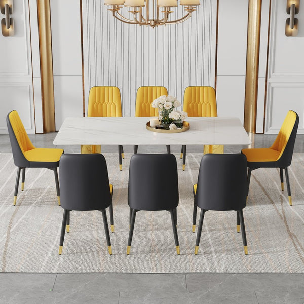 English Elm Table 9-Piece Dining Set With Glass Top, Gold Stainless Steel Legs & Orange/Dark Gray Chairs For Elegance W1151S04360-GIGA