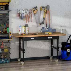English Elm HOMCOM 59" Work Bench with Bamboo Top, Height Adjustable 10-Setting Mobile Workstation 1320lb W2225P217940