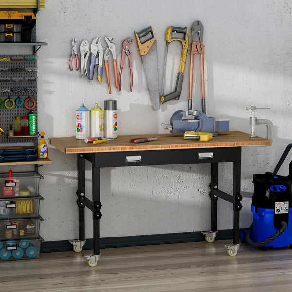 English Elm HOMCOM 59" Work Bench with Bamboo Top, Height Adjustable 10-Setting Mobile Workstation 1320lb W2225P217940