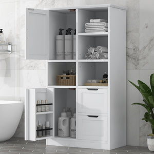 English Elm Bathroom Tall Storage Cabinet with Doors, 2 Drawers, Adjustable Shelf, Anti-Tip, MDF White, Sleek Handles WF530559AAK