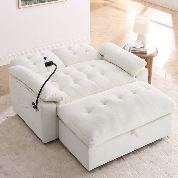 English Elm Leisure Chenille Two Seat Reclining Sofa with Usb Port Storage Ottoman Padded Armrests Beige W487S00520