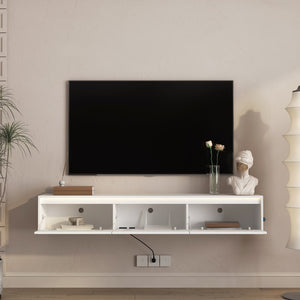 English Elm Floating Wall Mounted Tv Shelf with Led Lighting Power Outlets Gloss White Media Storage W1321P351899