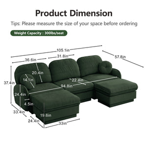 English Elm 105" Chenille U-shaped Sectional Sofa Deep Seat Cloud Couch with Movable Ottoman Green W714S01770