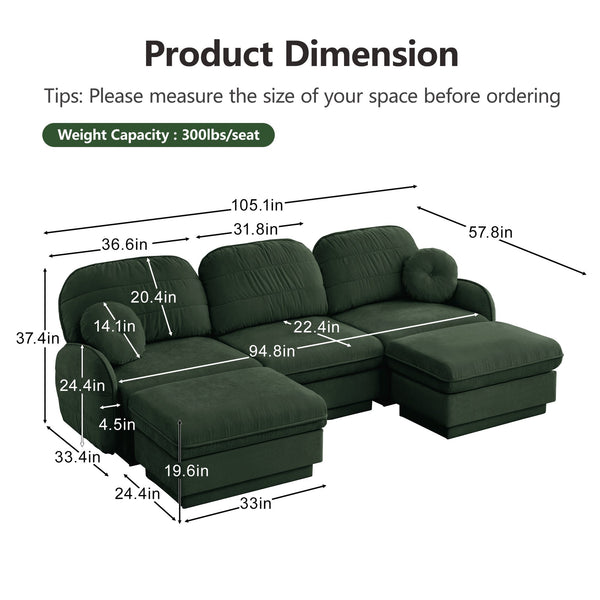 English Elm 105" Chenille U-shaped Sectional Sofa Deep Seat Cloud Couch with Movable Ottoman Green W714S01770