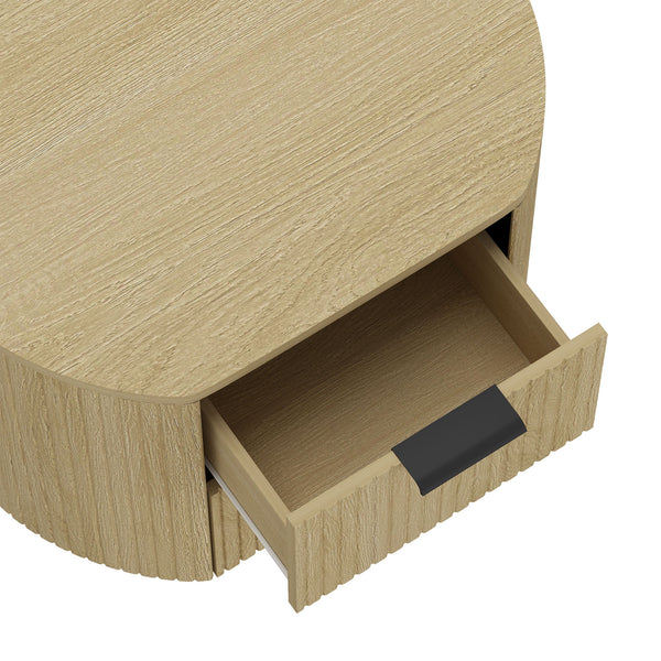 English Elm Olivia Modern 27" Nightstand in Natural Oak – 2-Drawer Ribbed Wood Grain, Metal Handles (Black/Gold) B365P398198