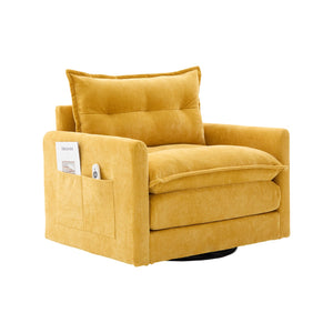 English Elm UNITED Swivel Barrel Chair with Chenille Upholstery, 360° Smooth Rotation, Padded Arm Comfort and Side Pockets for Living Room Relaxation Mustard yellow W1568P290085